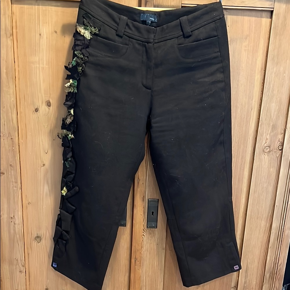 Unique! Dark Brown Cropped Pants with Side Ruffle Detail